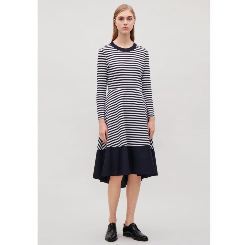 WOMEN’S COS STRIPED NAUTICAL FRENCH ASYMMETRICAL IVY NEW‎ ENGLAND MIDI DRESS EUC